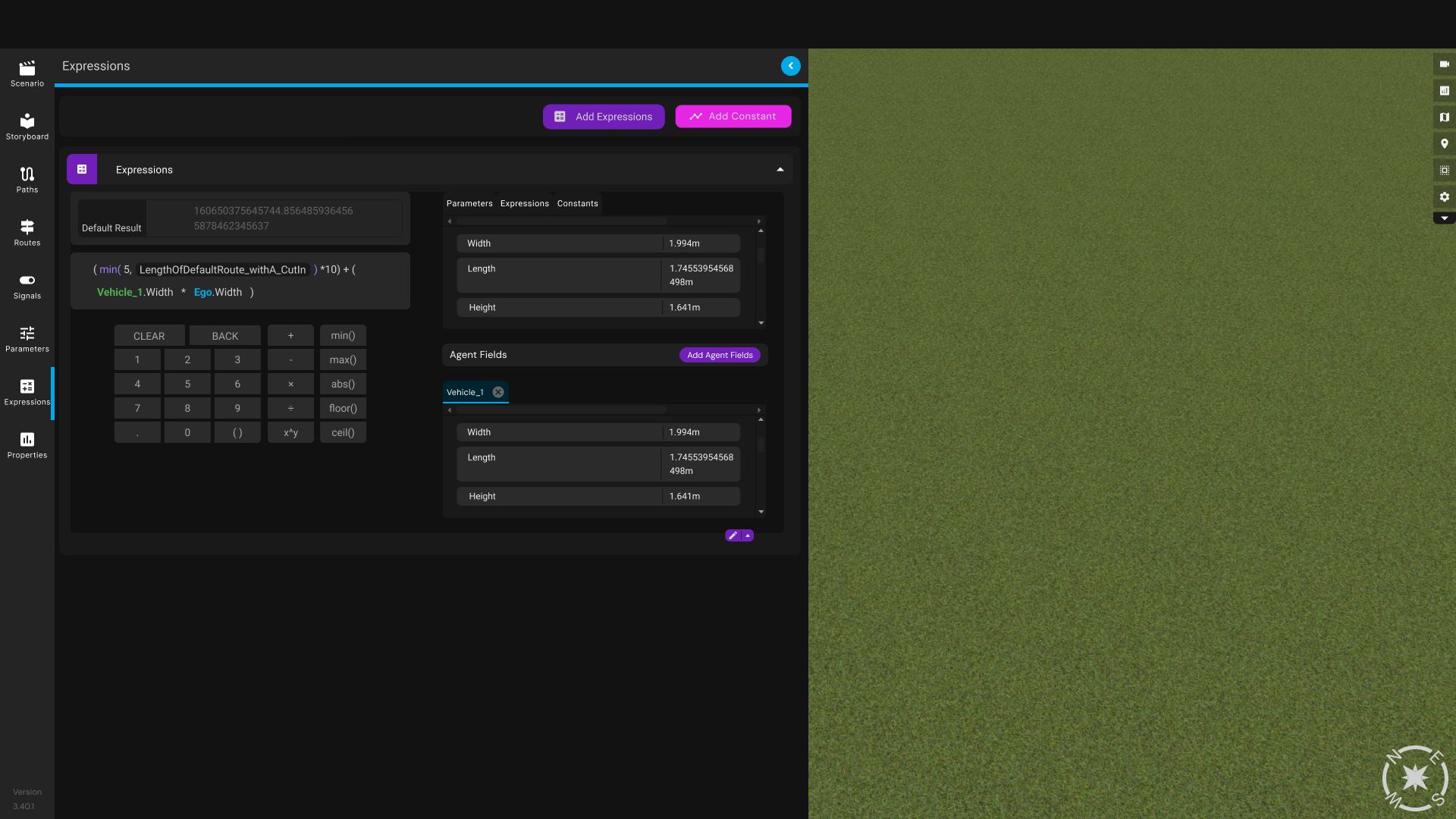 The panel before the hierarchy pass — parameters, expressions, agent fields, and the calculator all open and competing for space
